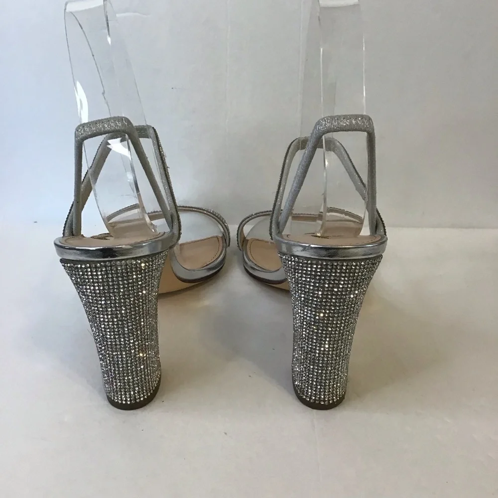 N by Nina Women's Silver Rhinestone SANCHIA Evening Chunky Heel Sandals 10